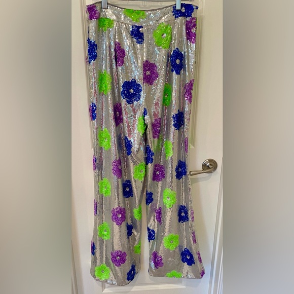 Nasty Gal Size 10 silver sequin w purple green and blue sequin flower pants. - Picture 4 of 14